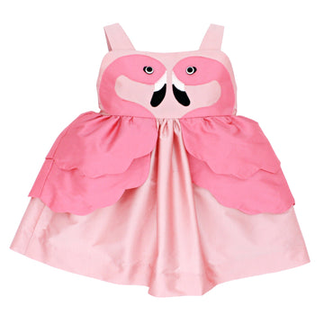 Pink girls' dress with flamingo applique and scalloped peplum, ideal for parties.