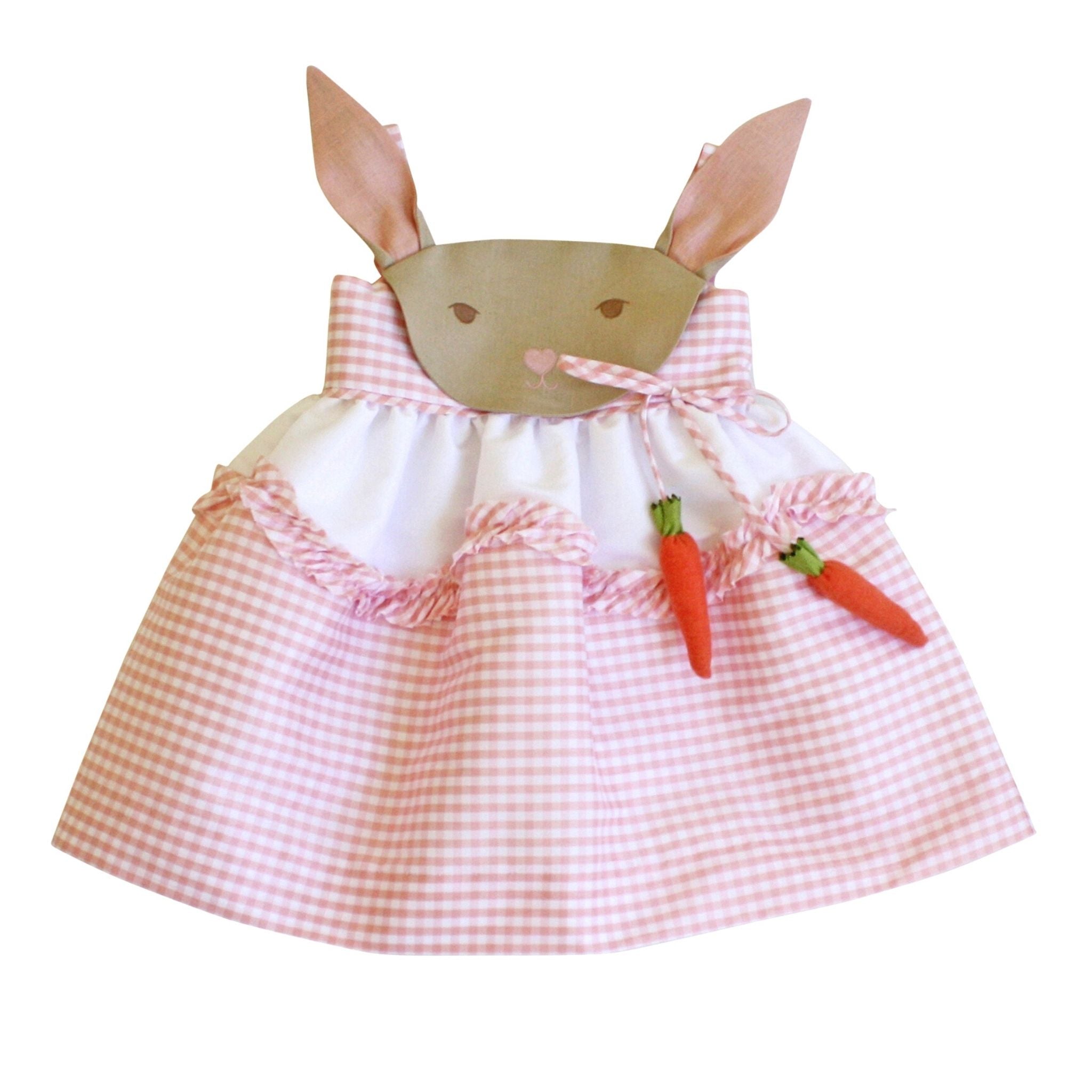 Pink gingham bunny dress with embroidered face, floppy ears, and soft carrot accents. Twirl-worthy skirt with ruffle detail