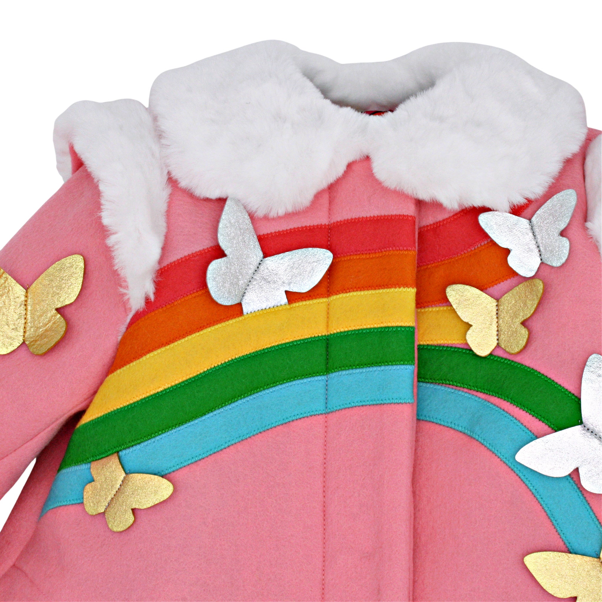Close-up of pink wool girls' coat with a rainbow, gold and silver butterflies, and a soft faux fur collar