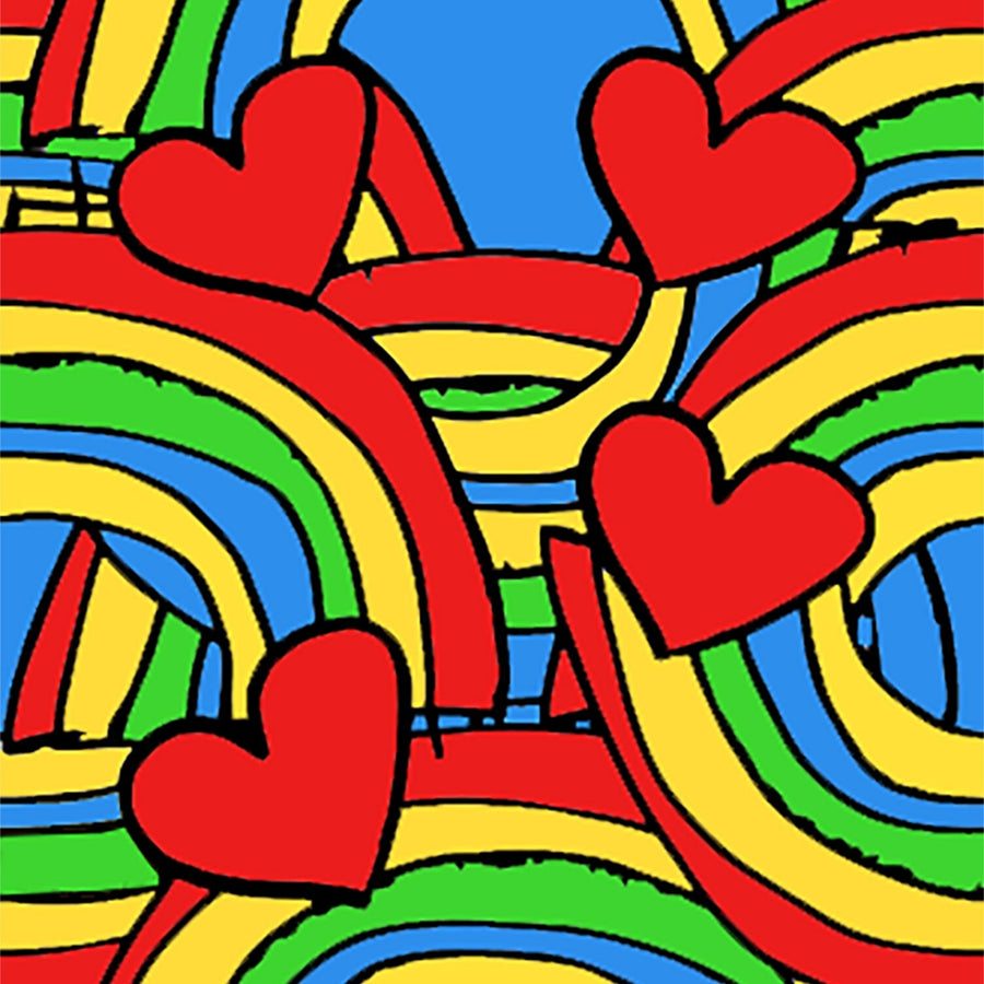 Bold rainbow and heart pattern fabric design with bright red hearts on a blue background