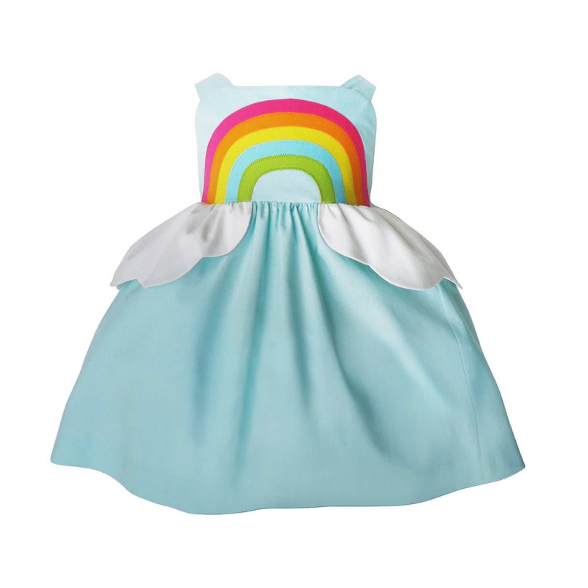 Sky blue sundress with a rainbow applique on the bodice and cloud-shaped peplum waist. Sleeveless, cotton, and perfect for summer
