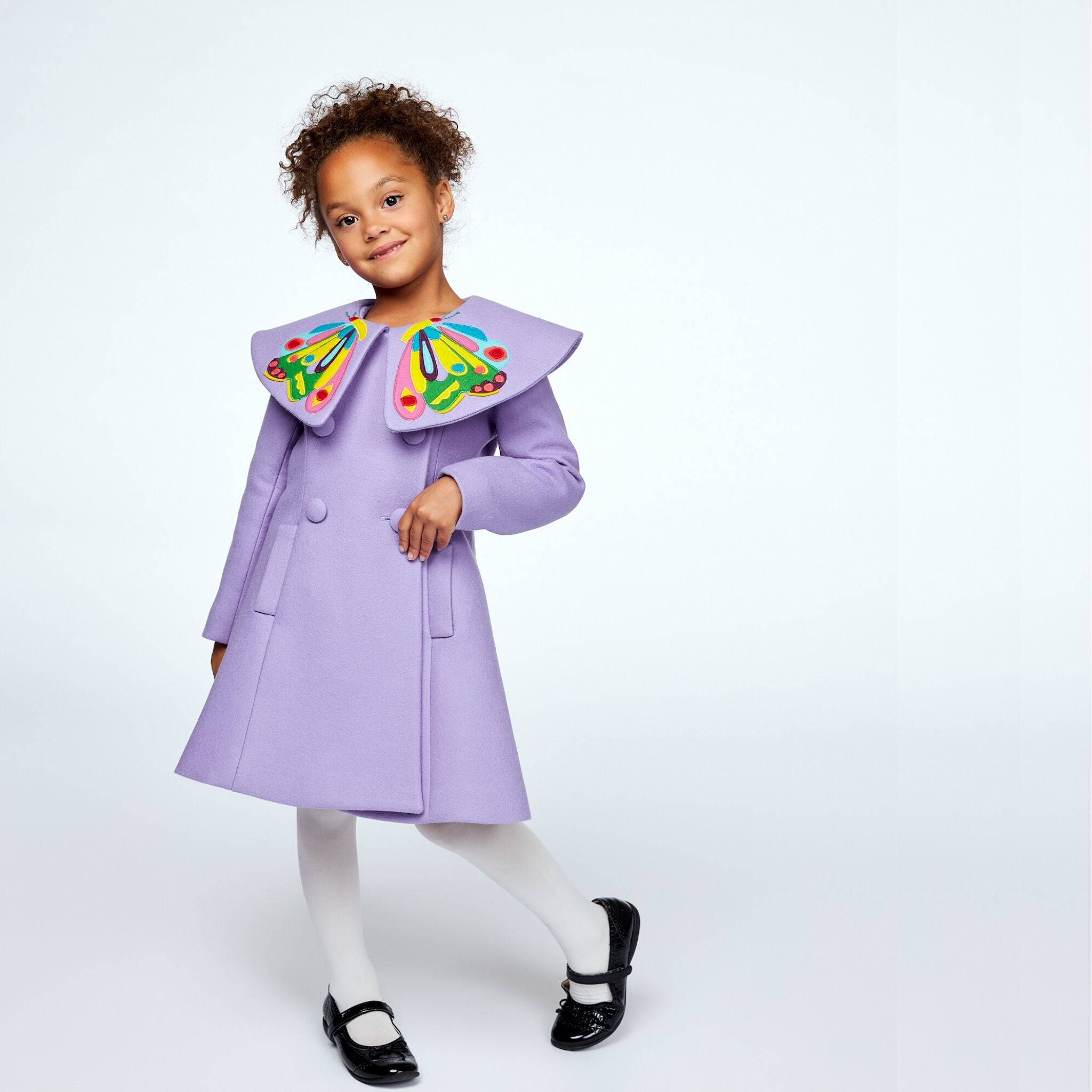 Girls' lavender coat with oversized butterfly collar, inspired by The Very Hungry Caterpillar.