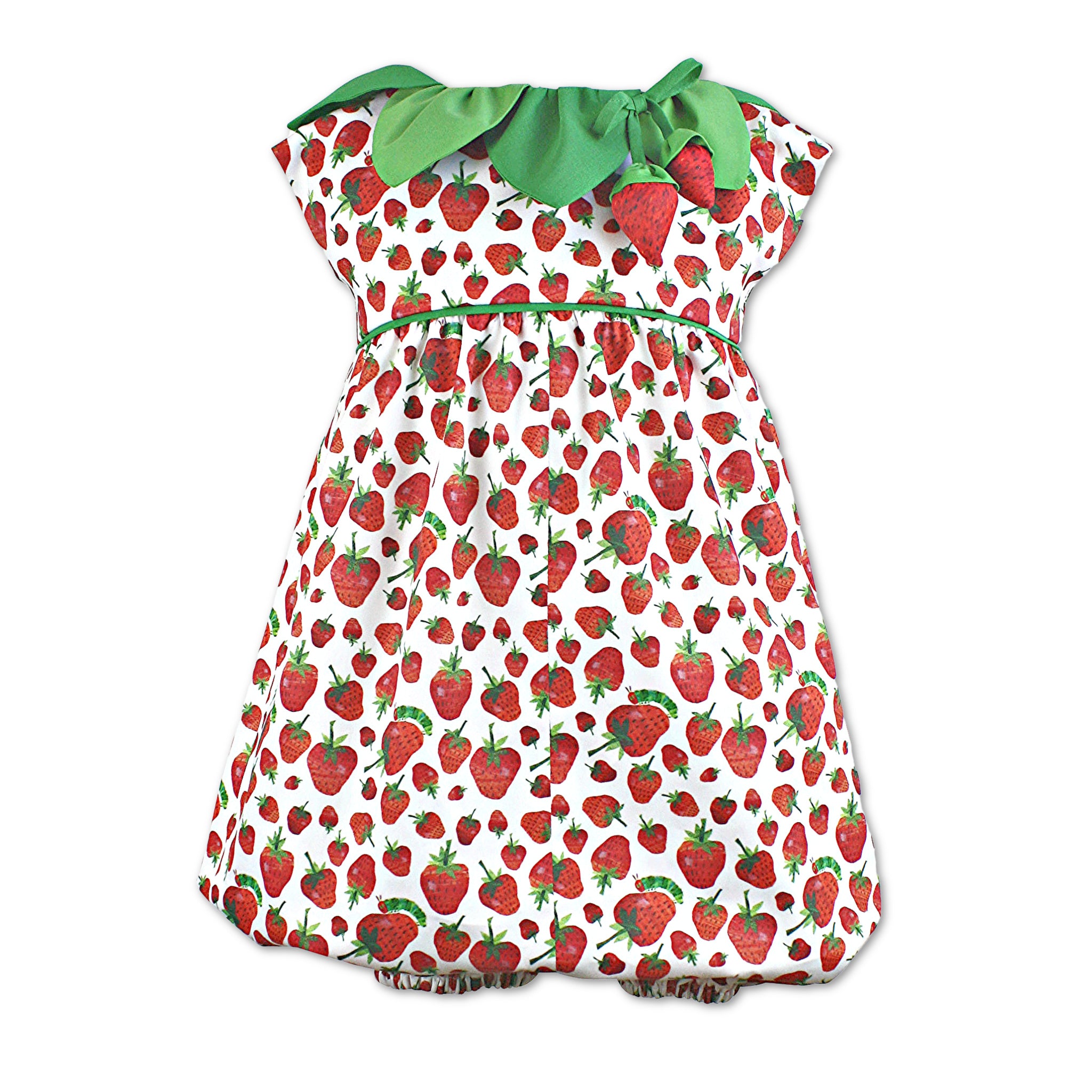 Strawberry-print baby romper with a green leaf collar and plush strawberries, inspired by The Very Hungry Caterpillar.