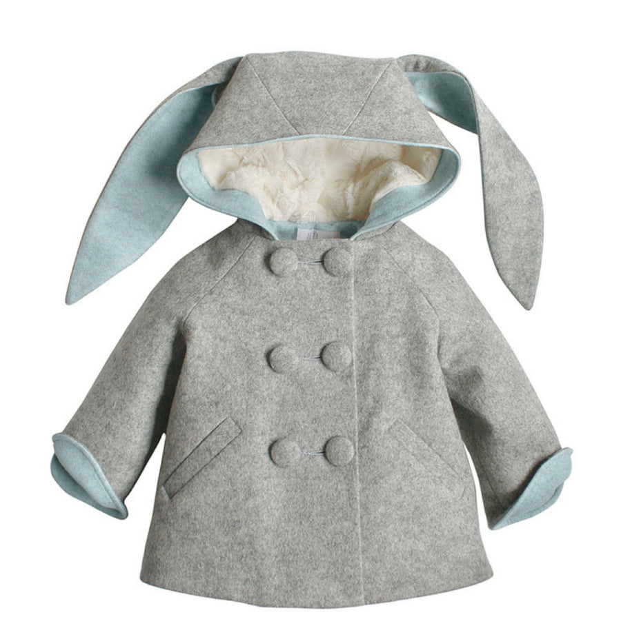 Double-breasted grey bunny coat with floppy ears, soft interior, and light blue trim. A stylish and cozy toddler jacket
