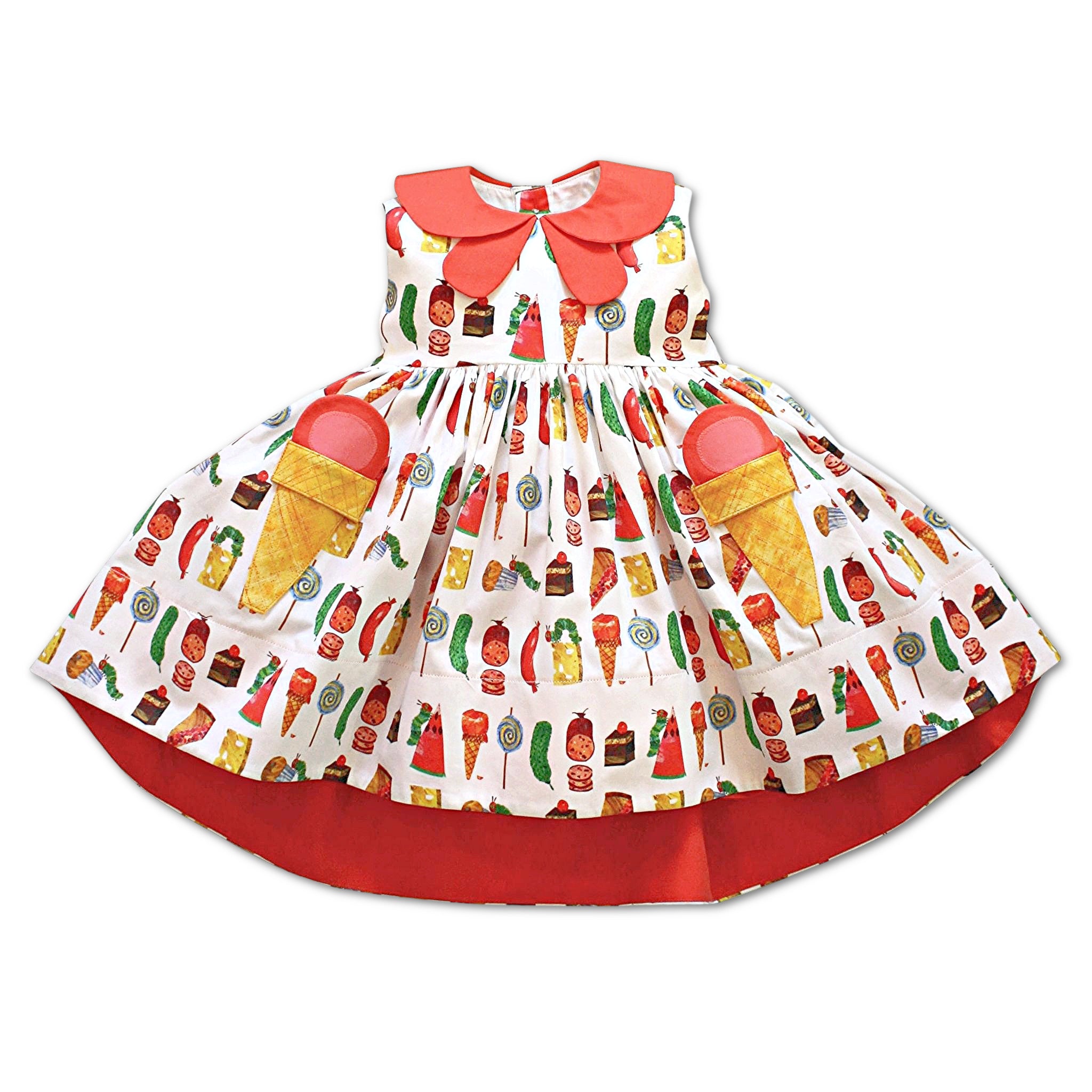 Cotton Two Scoops Dress with The Very Hungry Caterpillar food print, coral collar, quilted ice cream cone pockets, and high-low hem, laid flat