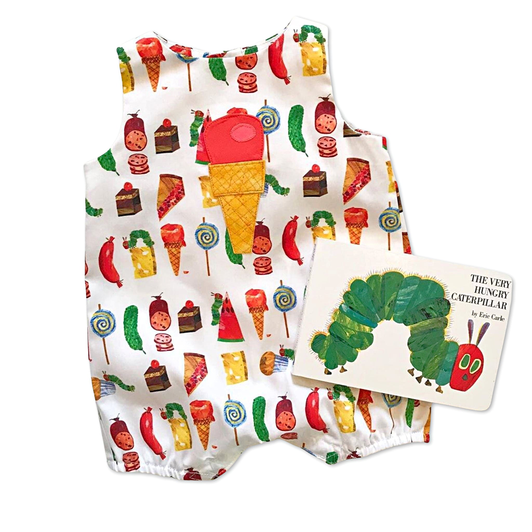 100% cotton Hungry Caterpillar™ romper with colorful party food prints and appliquéd ice cream cone, paired with a matching board book