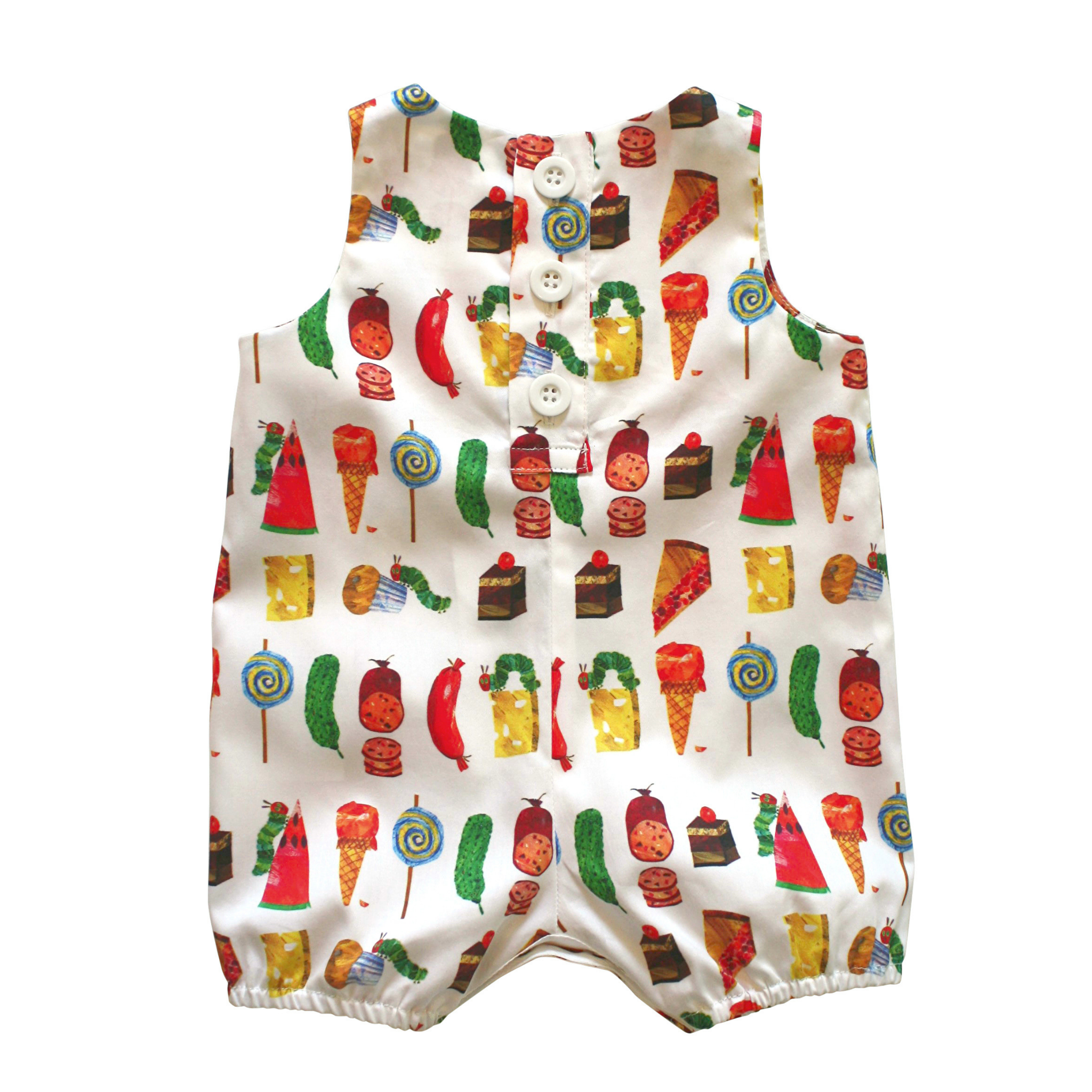 Back view of the Hungry Caterpillar kids romper, featuring a vibrant food print, button closure, and elastic leg openings for a comfortable fit.