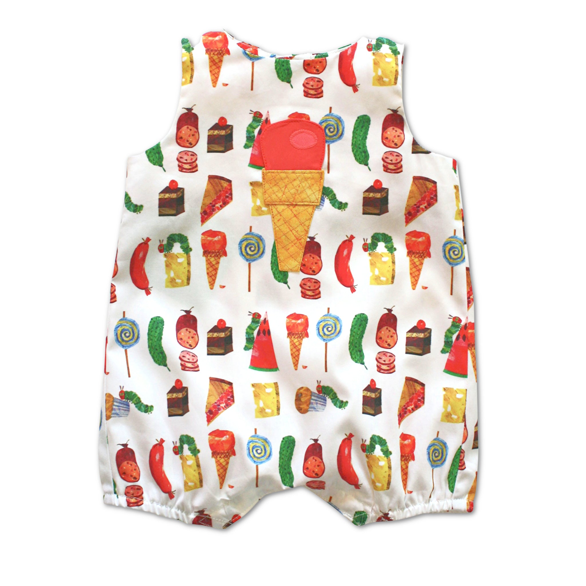 Front view of Very Hungry Caterpillar One Scoop Romper, a cotton baby boys and girls outfit with food print and an appliquéd ice cream cone