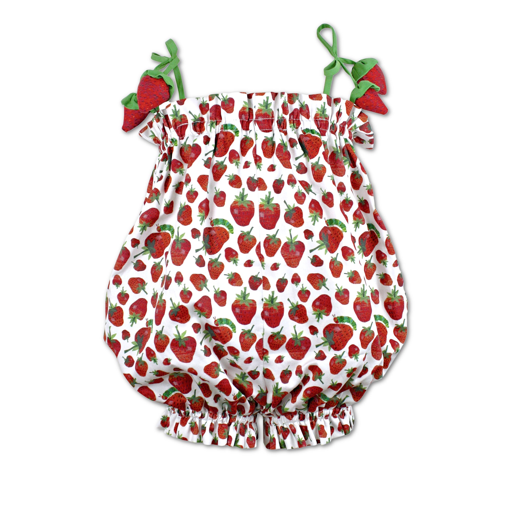 Very Hungry Caterpillar strawberry baby girls bubble romper with ruffled trim, tie straps, and plush strawberry accents, featuring a playful fruit print