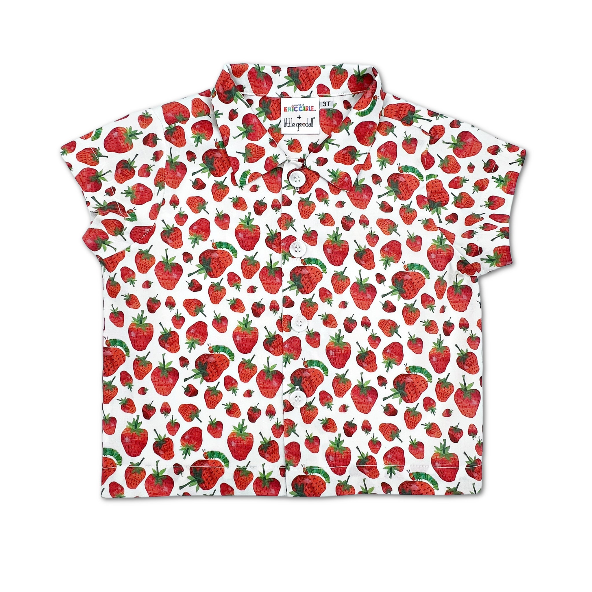 Short-sleeve kids’ button-up shirt with red strawberry print, inspired by The Very Hungry Caterpillar, made from lightweight cotton