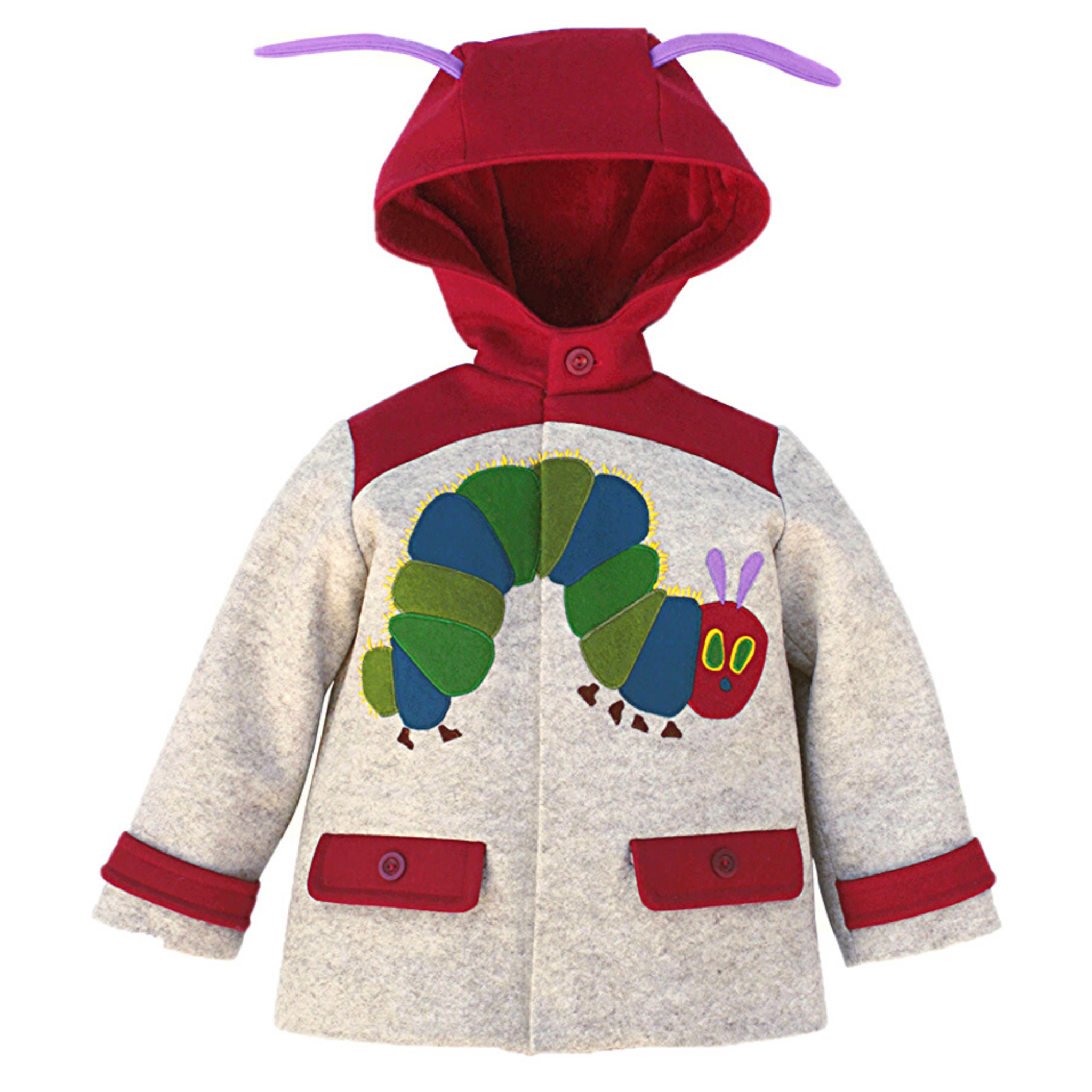 Children’s wool coat featuring a Hungry Caterpillar appliqué, red hood with antennae, and functional pockets, designed for warmth and comfort.