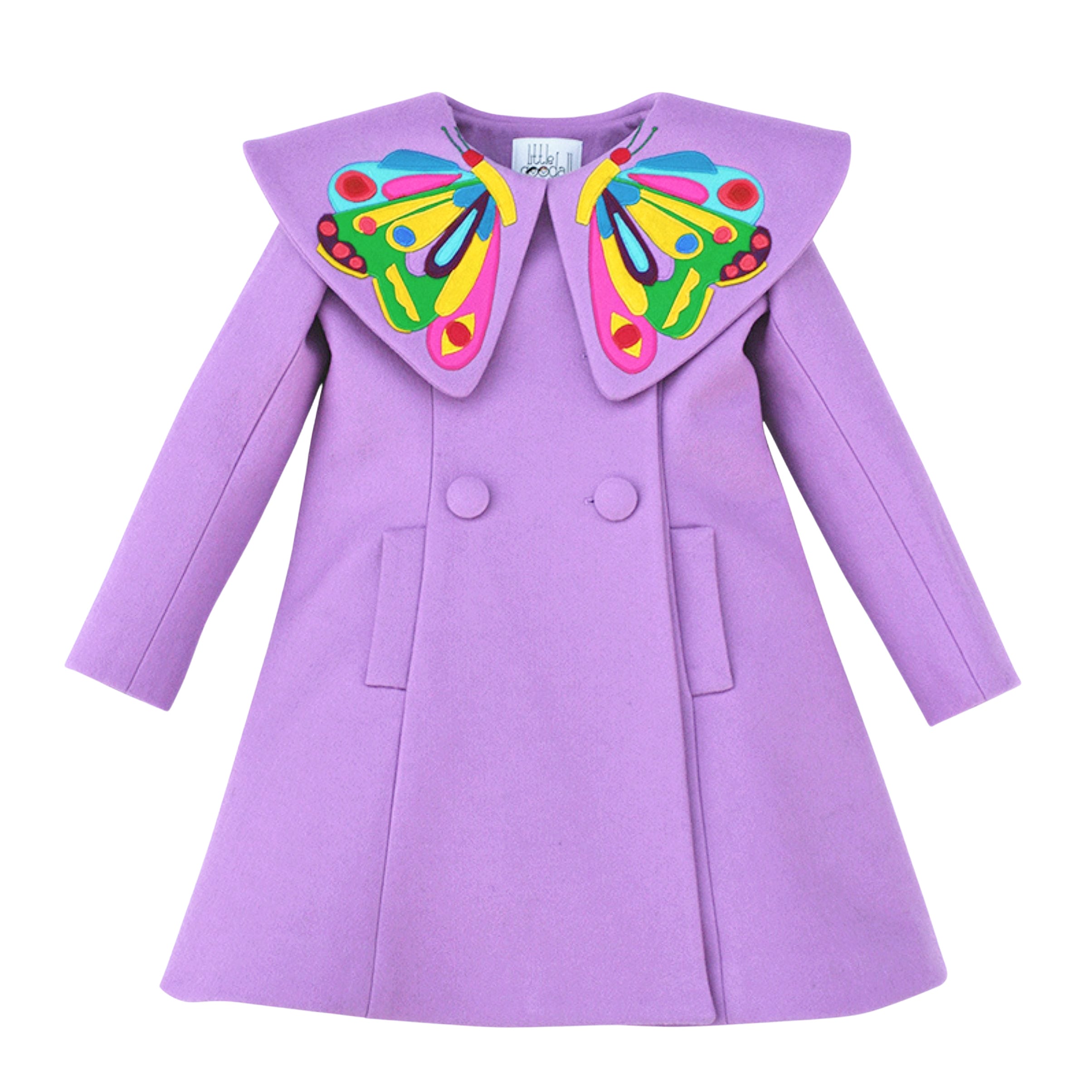 Whimsical lavender wool coat for kids girs' with a hand-appliquéd butterfly collar and cozy charmeuse lining.