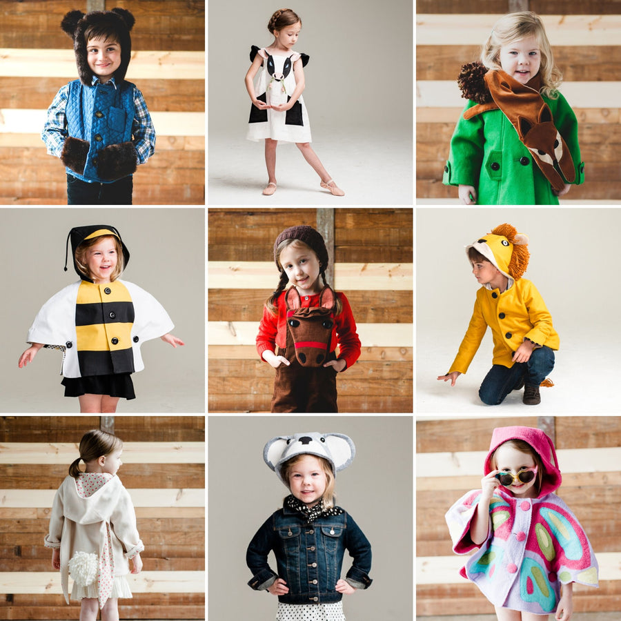 Collage of kids wearing handmade animal-themed coats, dresses, and accessories, including a lion jacket, bunny hoodie, and butterfly cape.