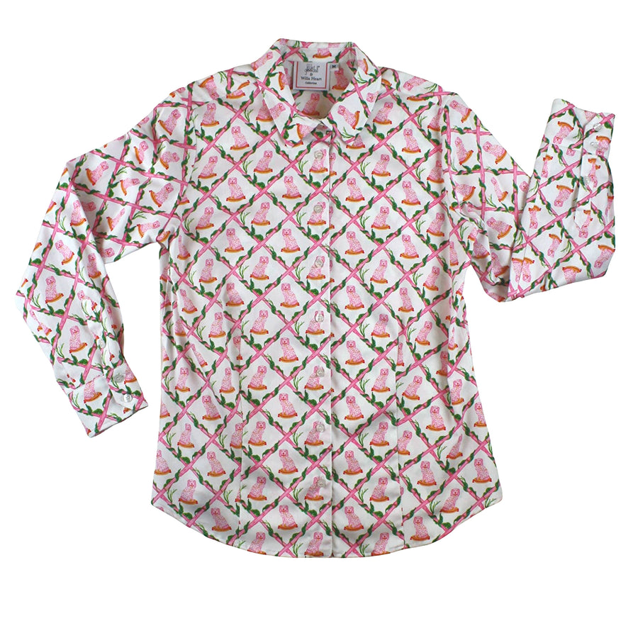 Willa Heart pink dog print button-down shirt, 100% cotton sateen, long sleeves, and tailored fit
