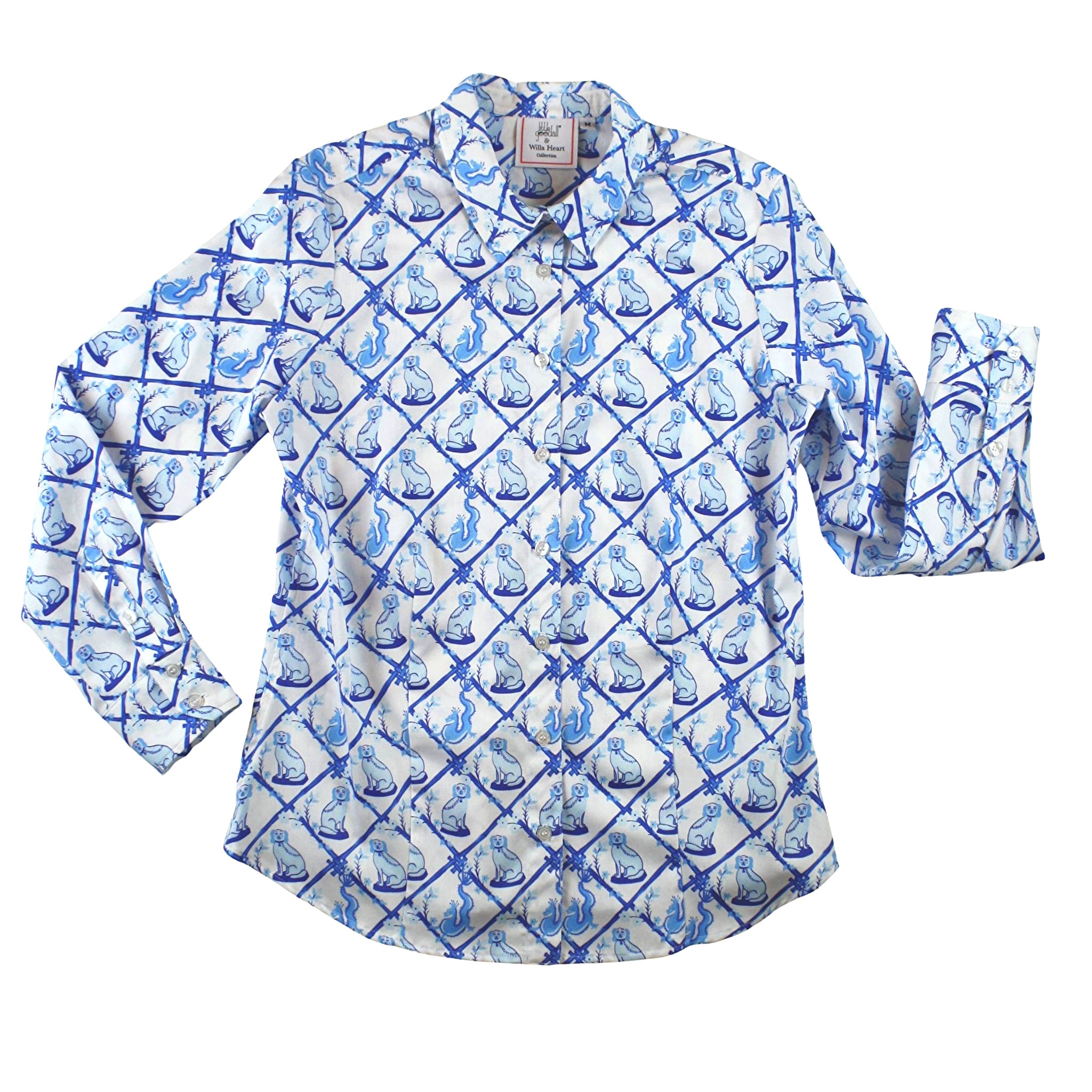 Front view of ladies classic button-down shirt featuring Willa Heart blue and white dog print, long sleeves, tailored fit, & 100% cotton sateen fabric