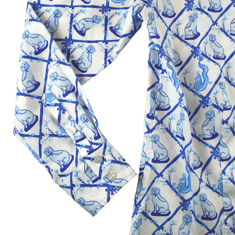 Close-up of the Willa Heart blue and white dog print shirt’s cuff and button details, highlighting the soft cotton sateen fabric and elegant design.