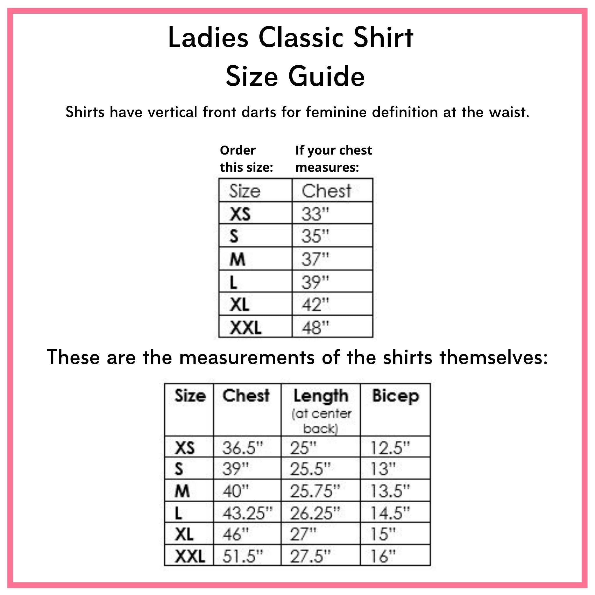 Willa Heart ladies' shirt size chart with fit recommendations and exact measurements